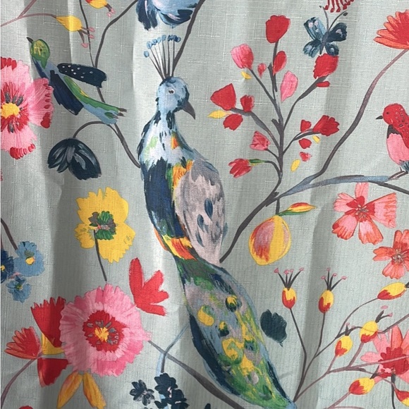 Teal w/multi colored birds.4 panels.
85 longx 50w Polyester
Rod,Lined, grommet